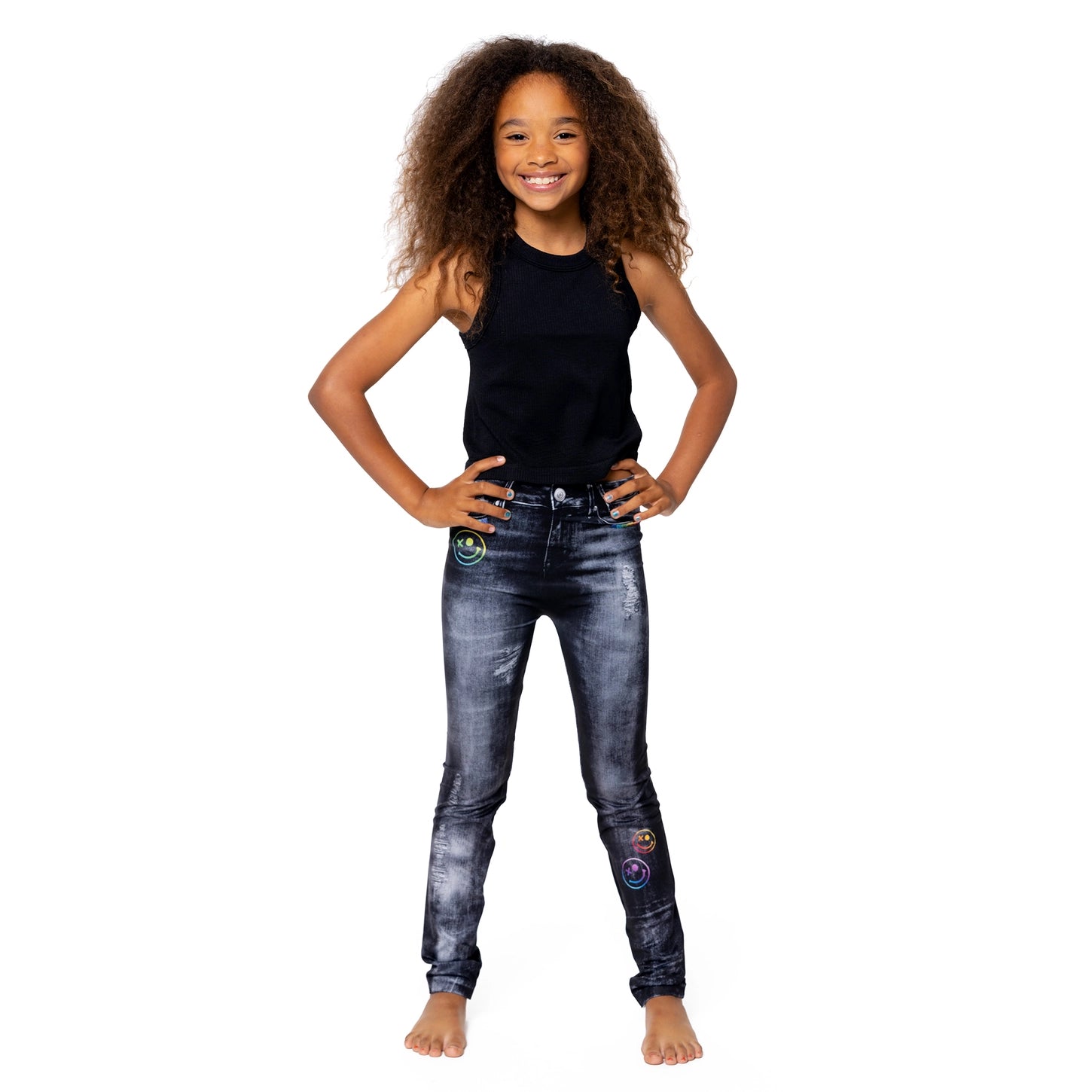 Girls Denim wth Ombre Happy Faces Printed Leggings - size 7-10