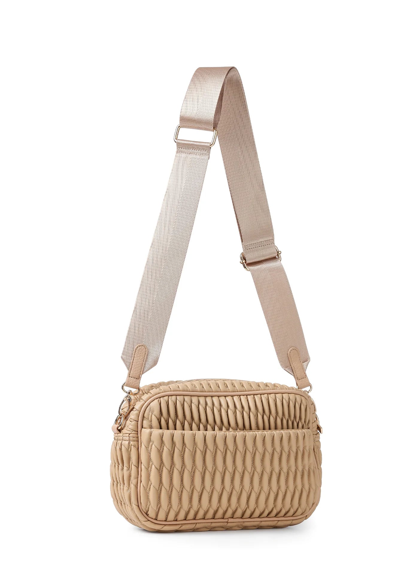vegan puckered leather camera bag- biscuit