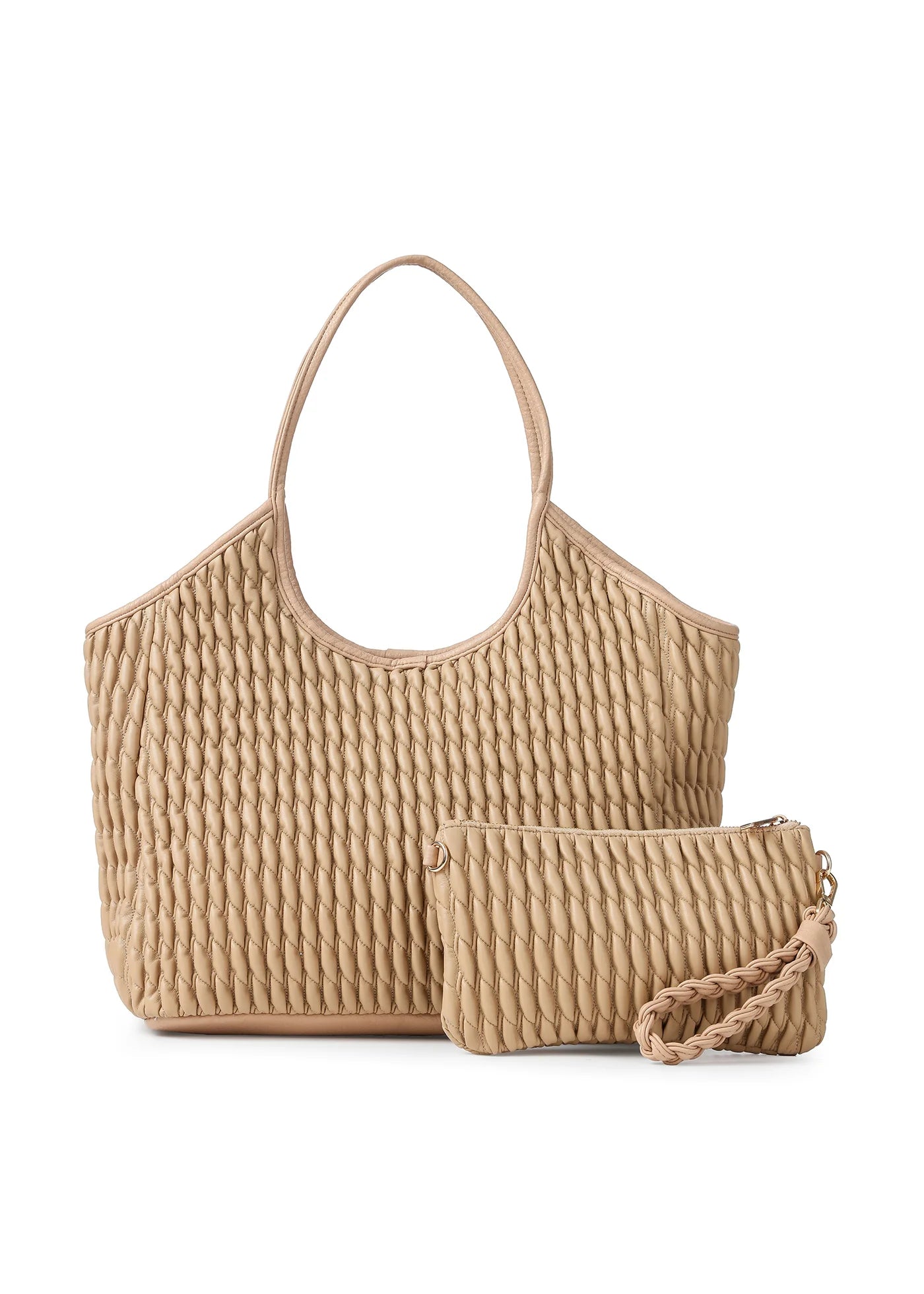 vegan puckered leather tote- biscuit