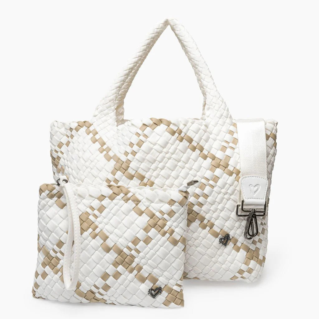 LONDON WOVEN LARGE TOTE  - WHITE & TAN