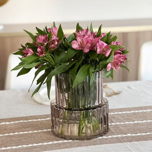 Wide Neck Short Amber Ribbed Glass Vase