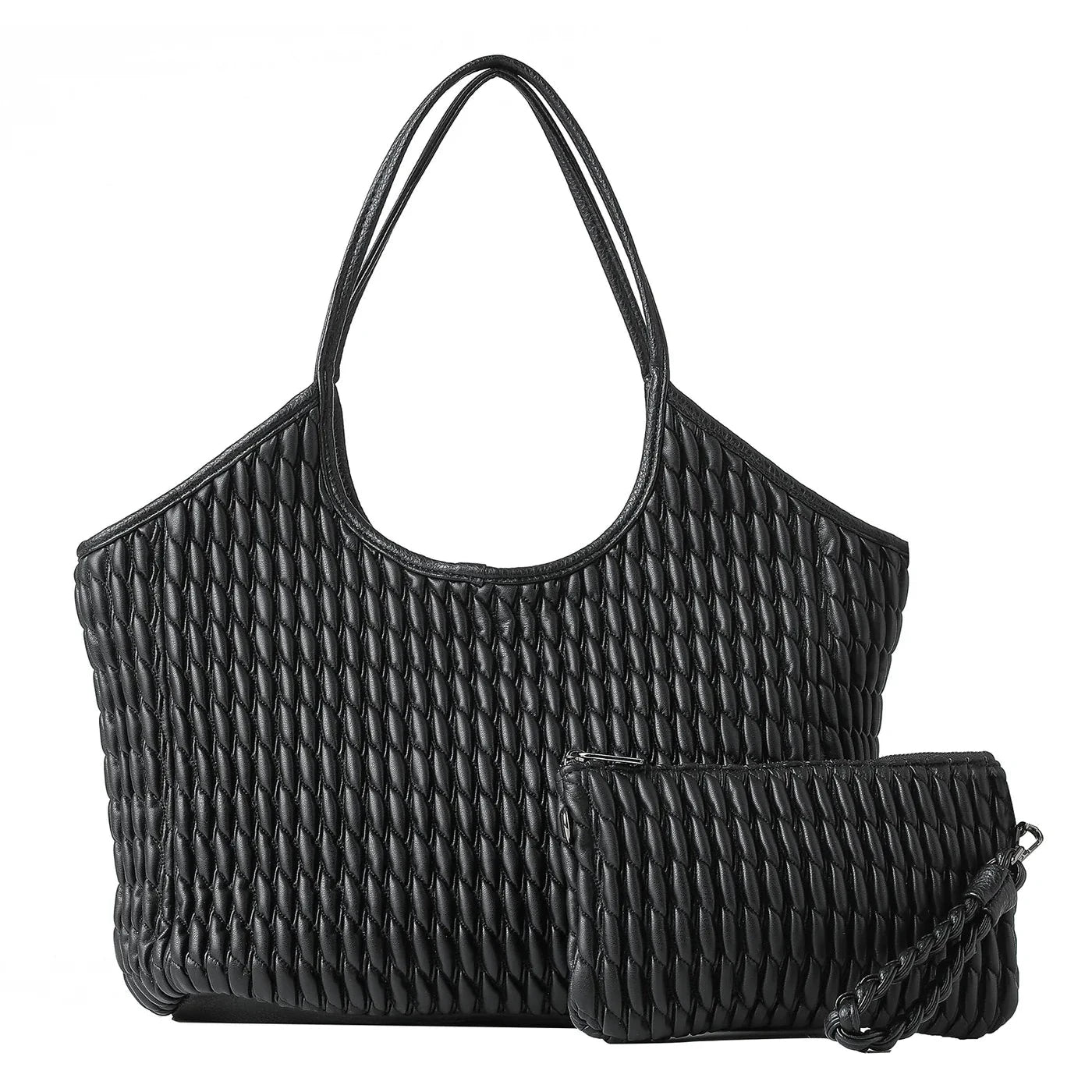 vegan puckered leather tote- black