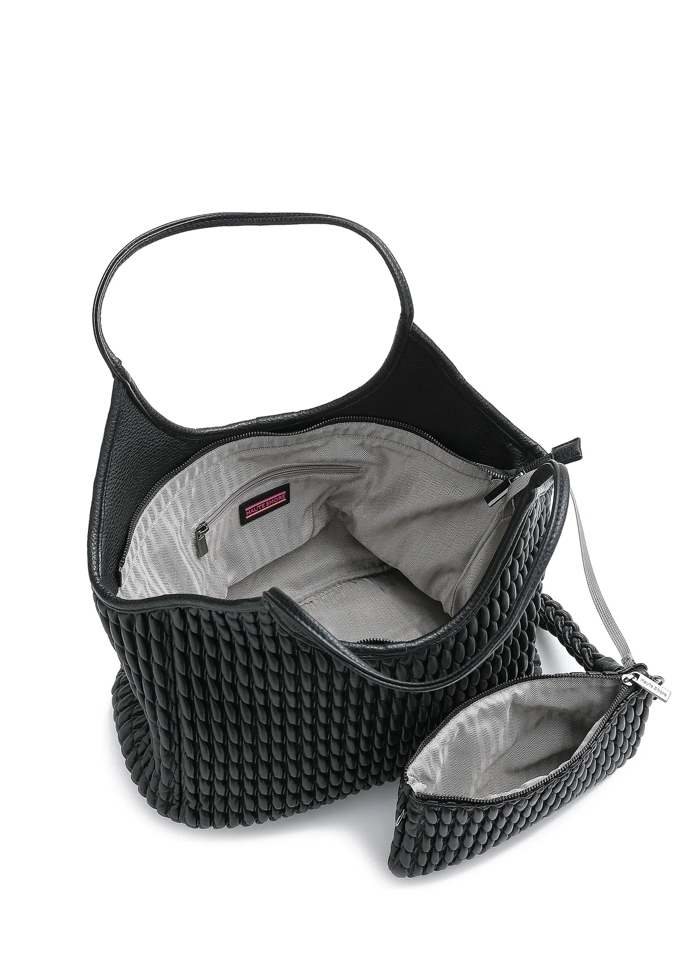 vegan puckered leather tote- black