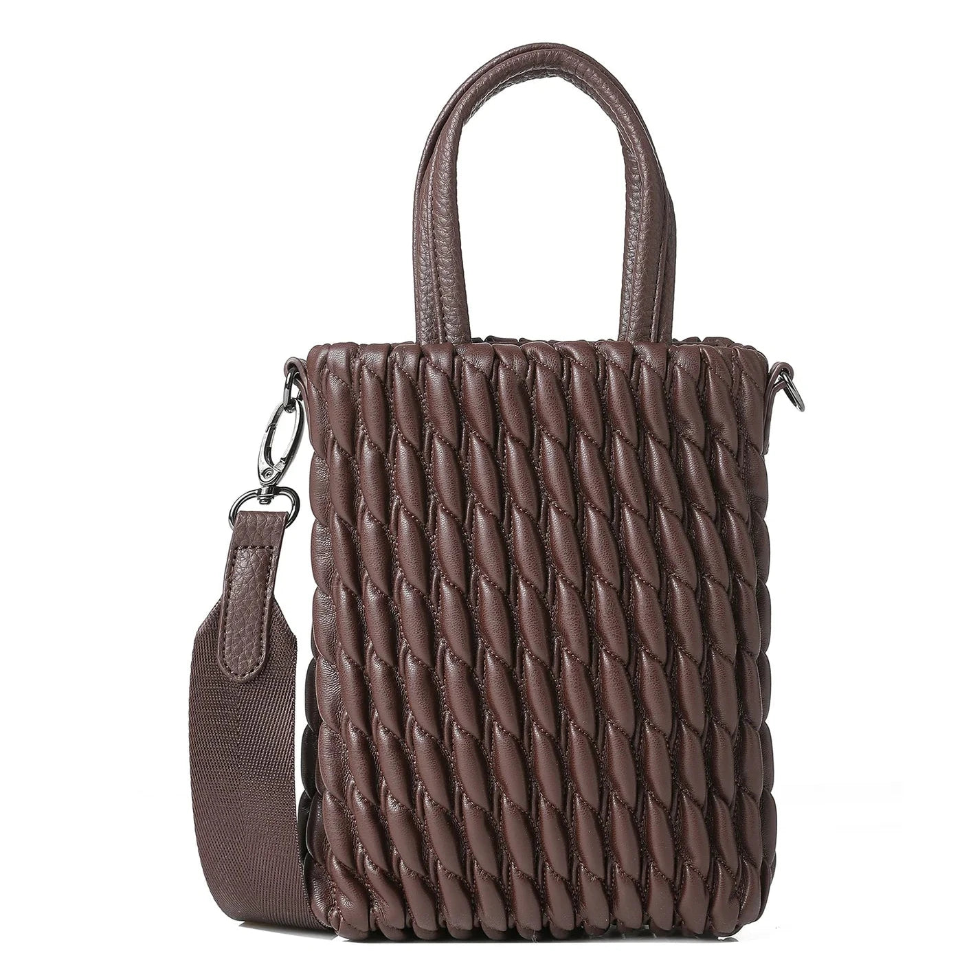 vegan puckered leather phone tote- chocolate
