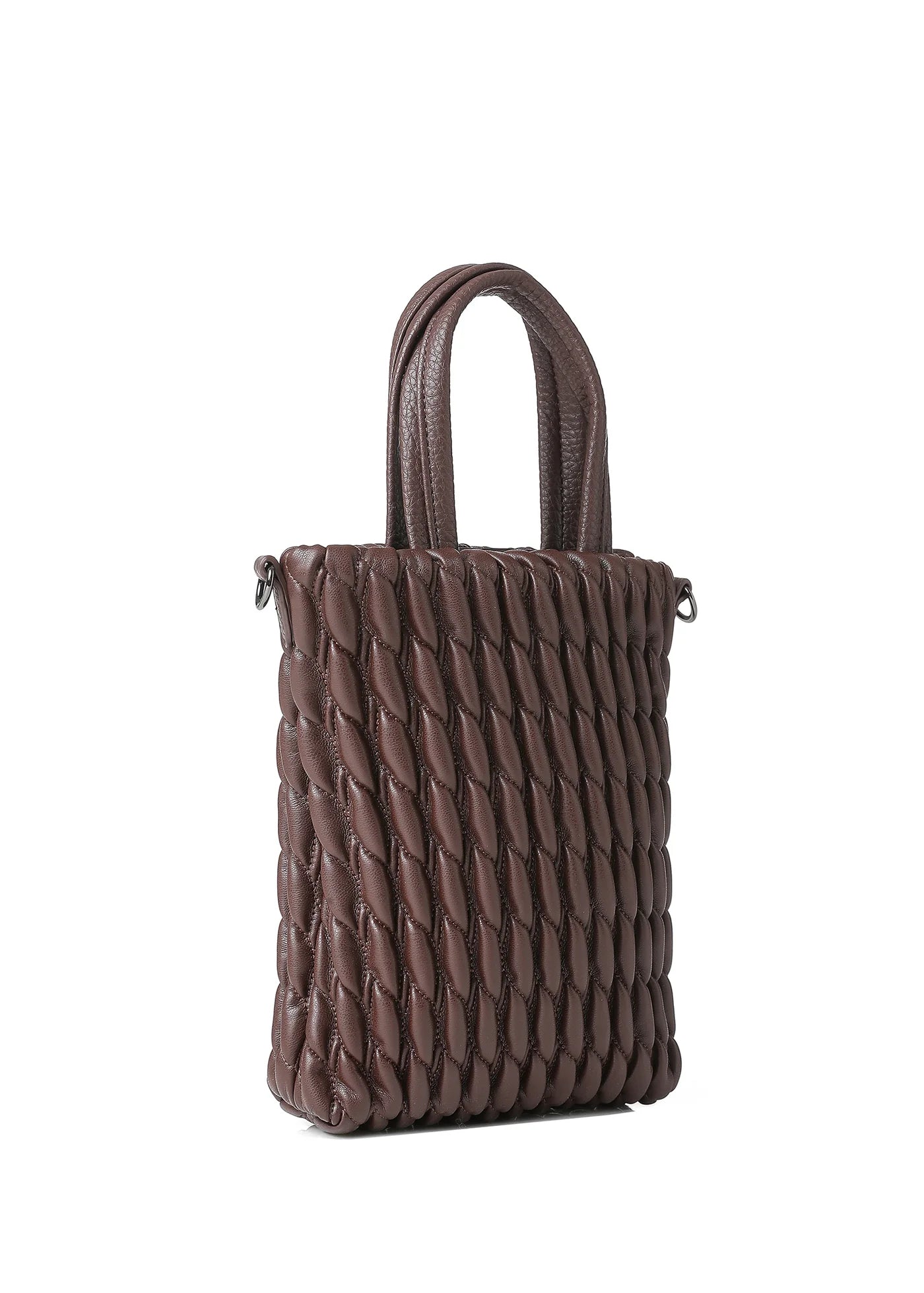 vegan puckered leather phone tote- chocolate