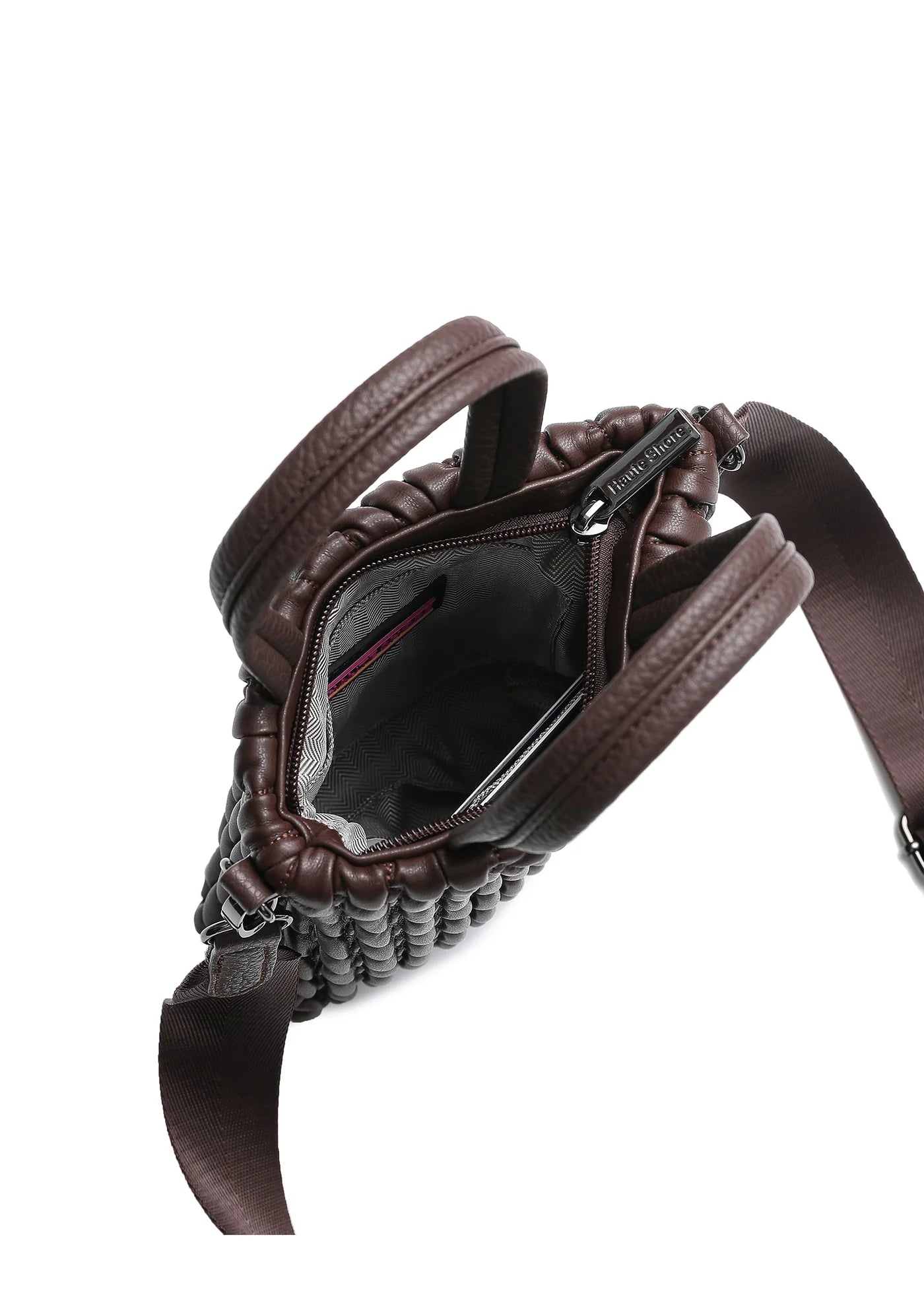 vegan puckered leather phone tote- chocolate