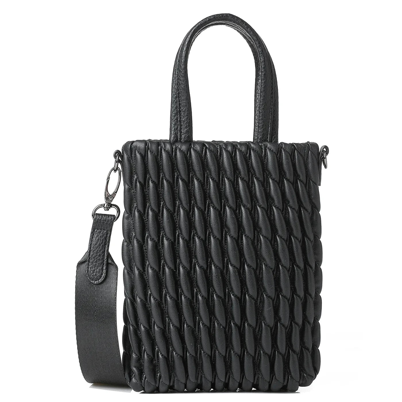 vegan puckered leather phone tote- black