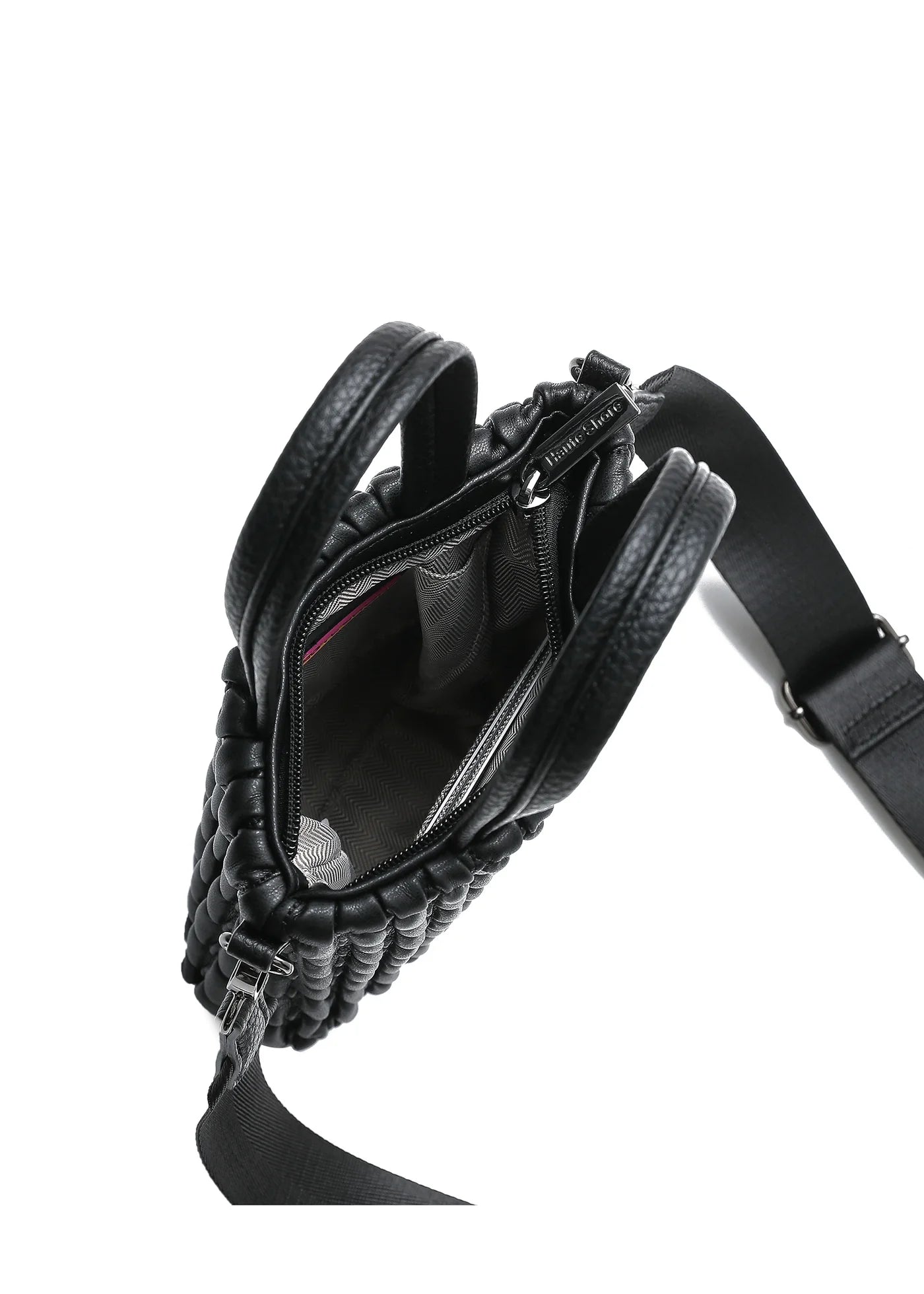 vegan puckered leather phone tote- black