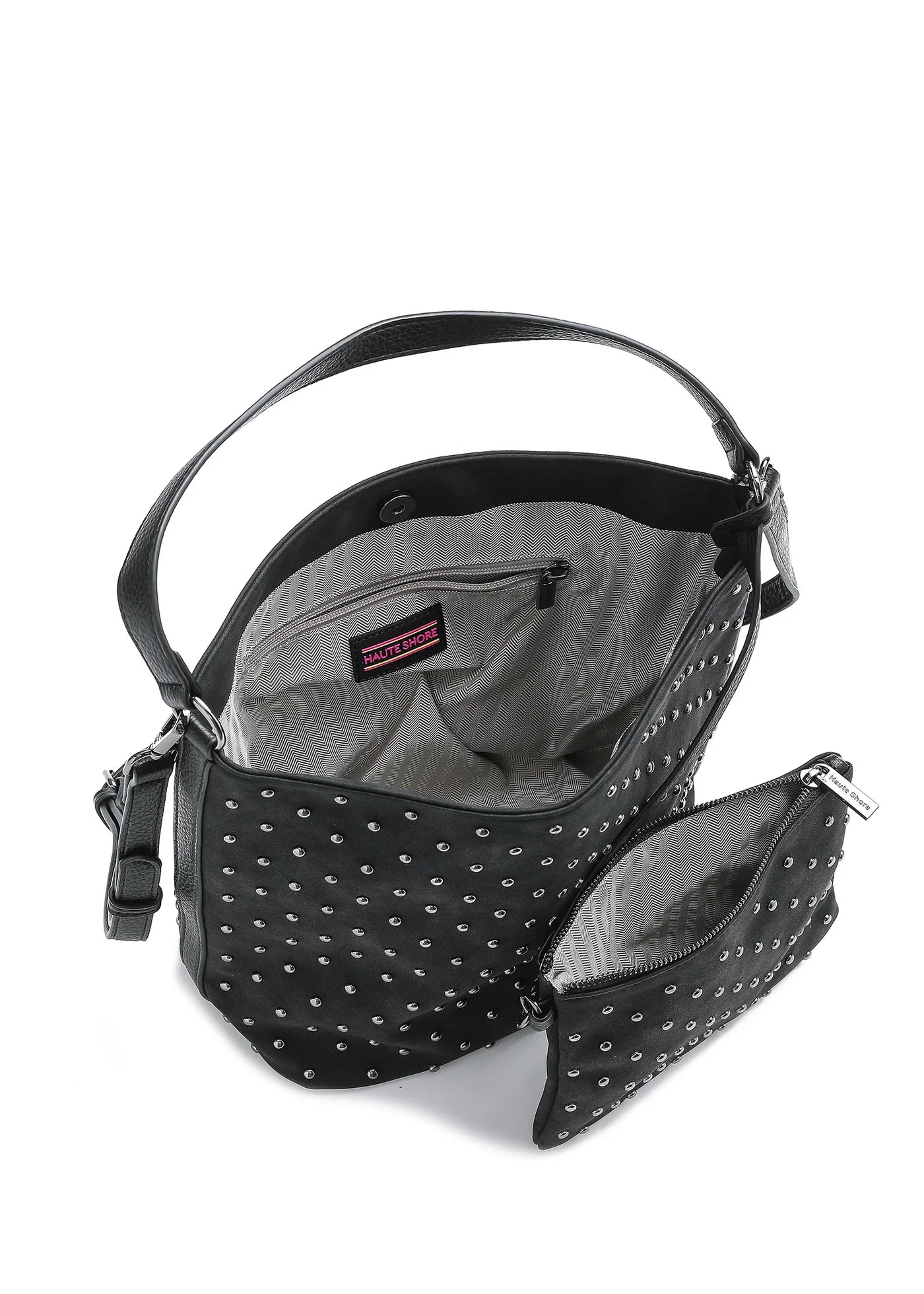 vegan suede studded shoulder bag