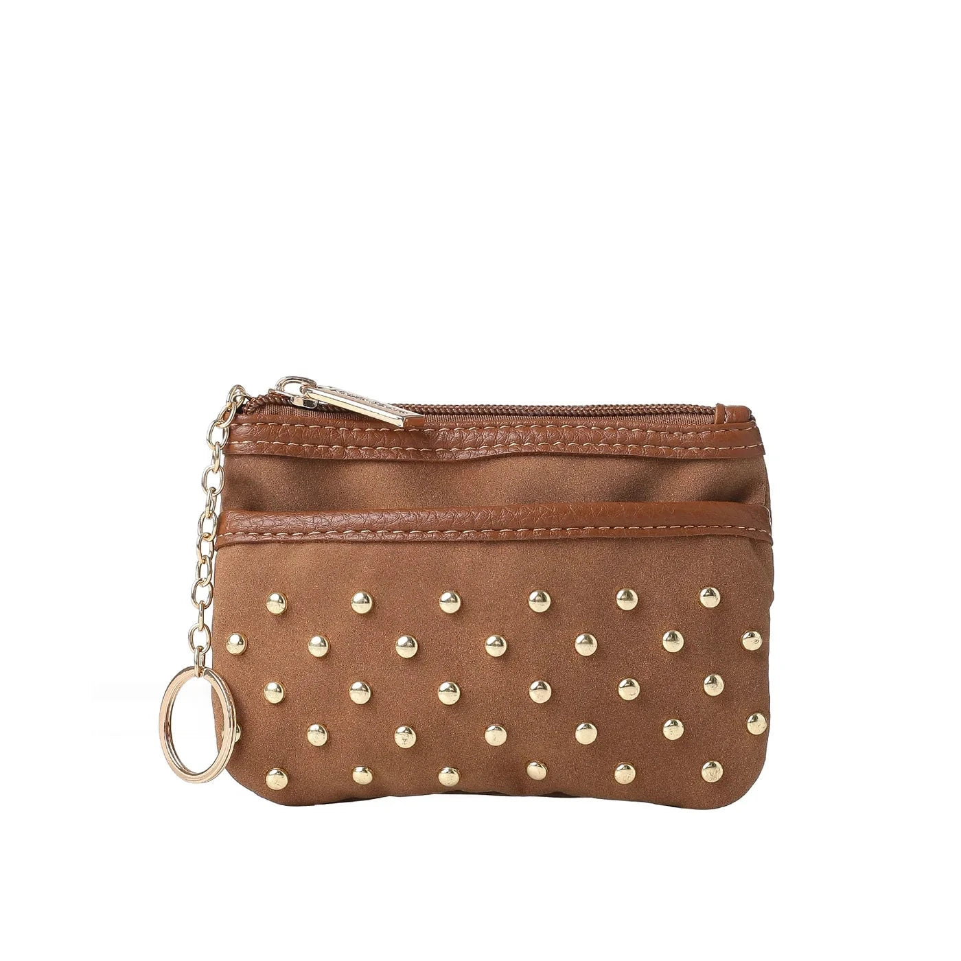 vegan suede studded card case - camel/gold