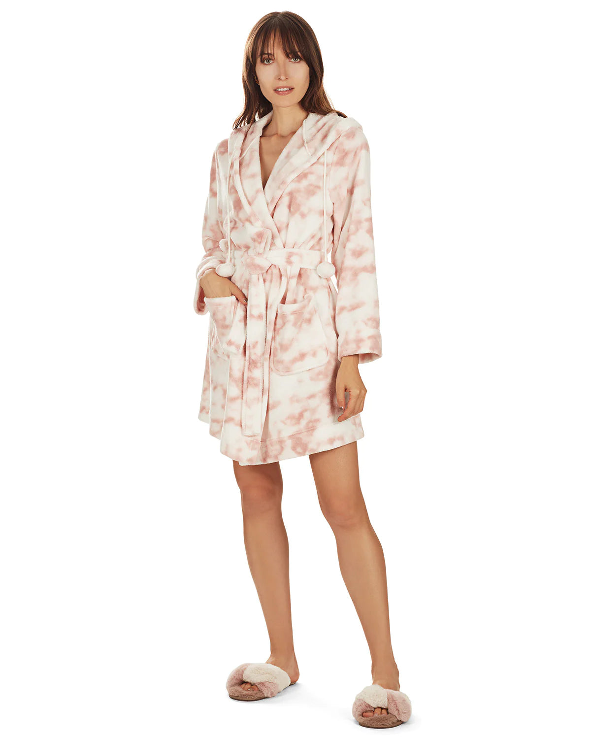 PLUSH POM POM HOODED LOUNGE ROBE - PINK MARBLE