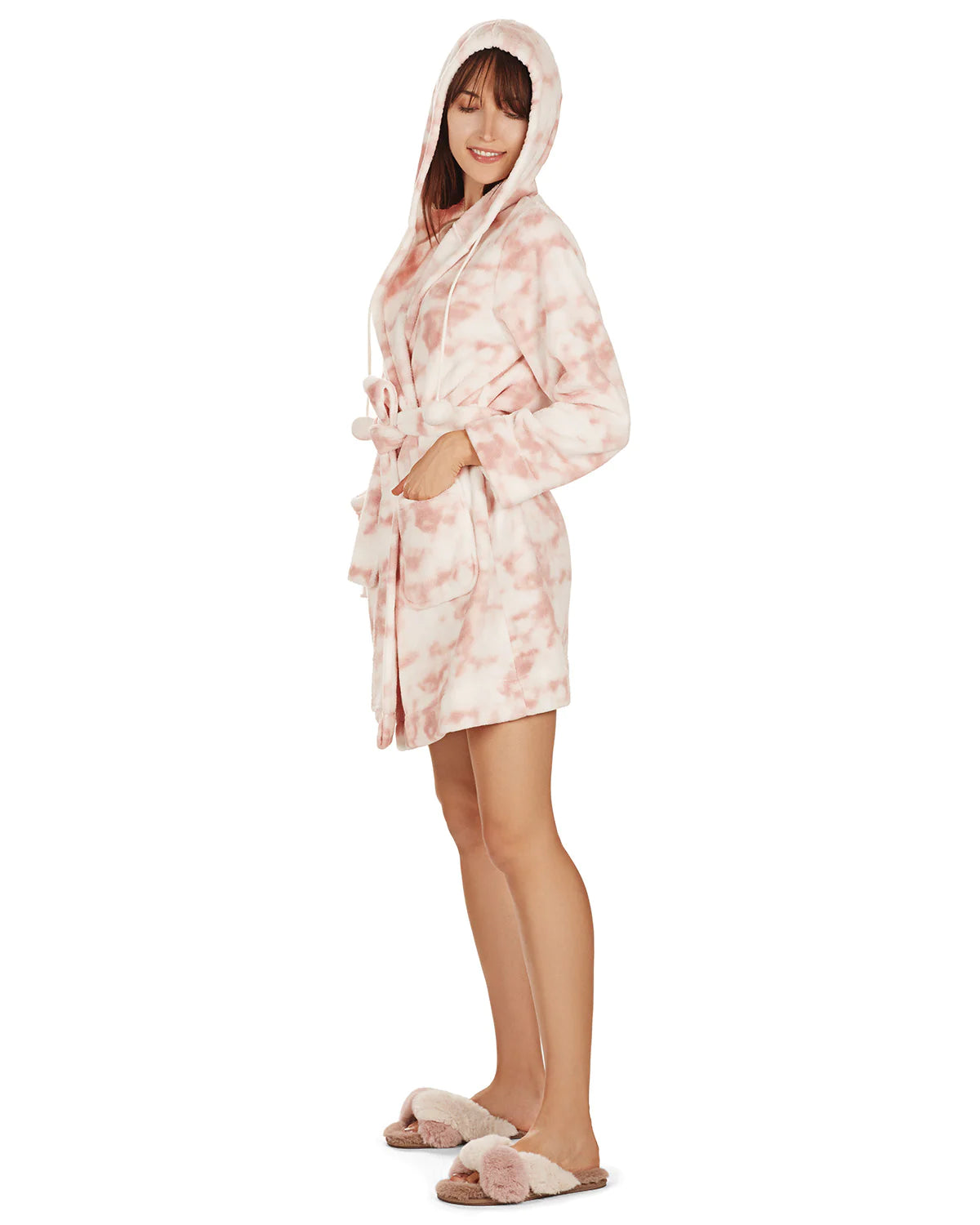 PLUSH POM POM HOODED LOUNGE ROBE - PINK MARBLE