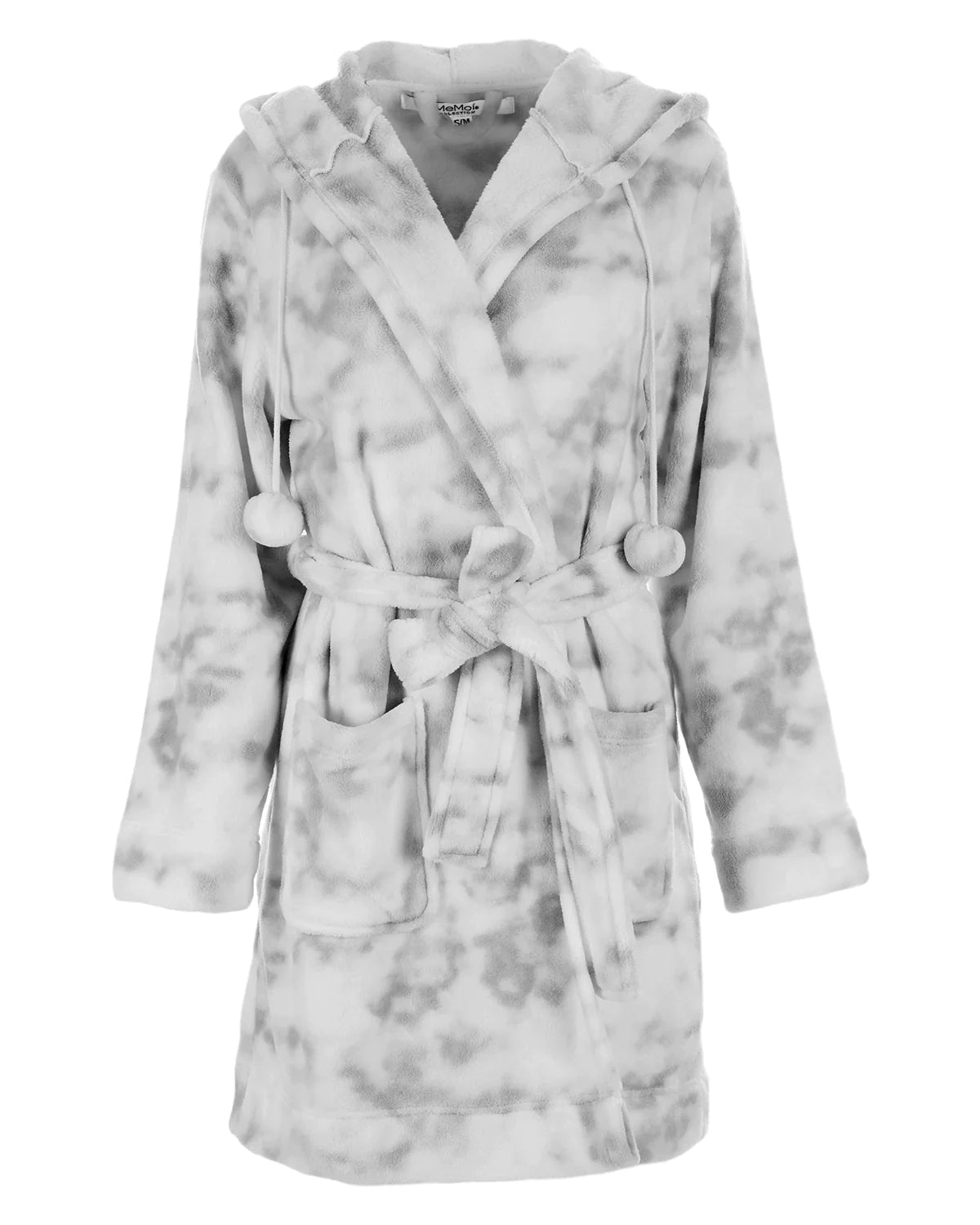 PLUSH HOODED POM POM ROBE -MARBLE