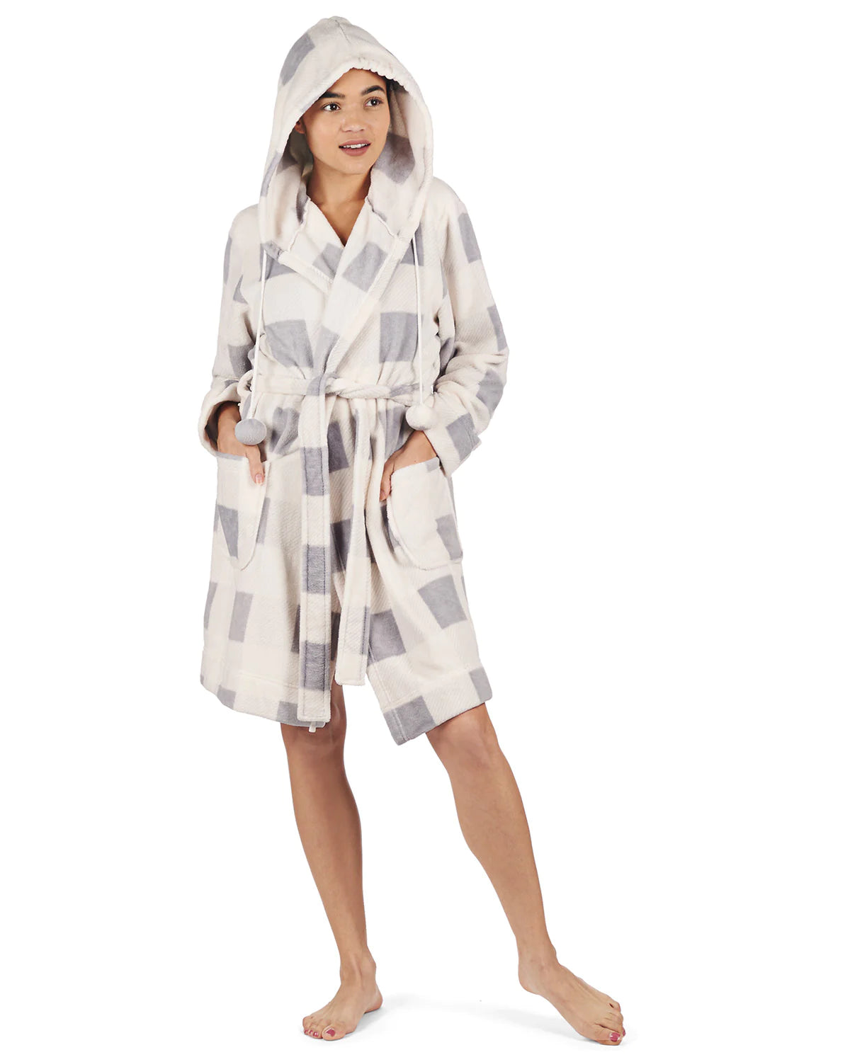 PLUSH HOODED ROBE WITH POM-POM DRAWSTRINGS - GREY PLAID