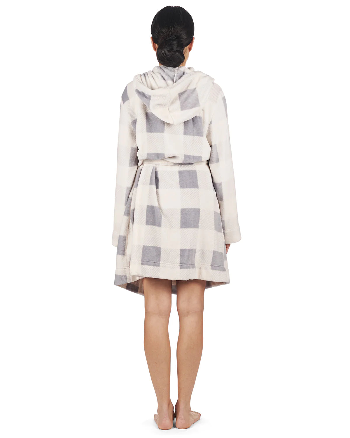 PLUSH HOODED ROBE WITH POM-POM DRAWSTRINGS - GREY PLAID