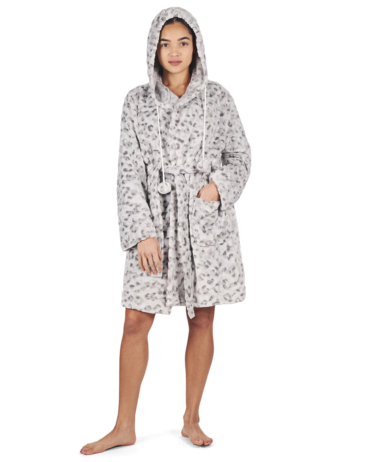 PLUSH HOODED ROBE WITH POM-POM DRAWSTRINGS - LEOPARD