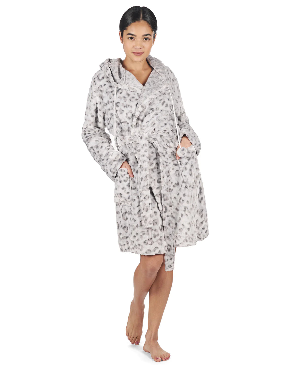 PLUSH HOODED ROBE WITH POM-POM DRAWSTRINGS - LEOPARD