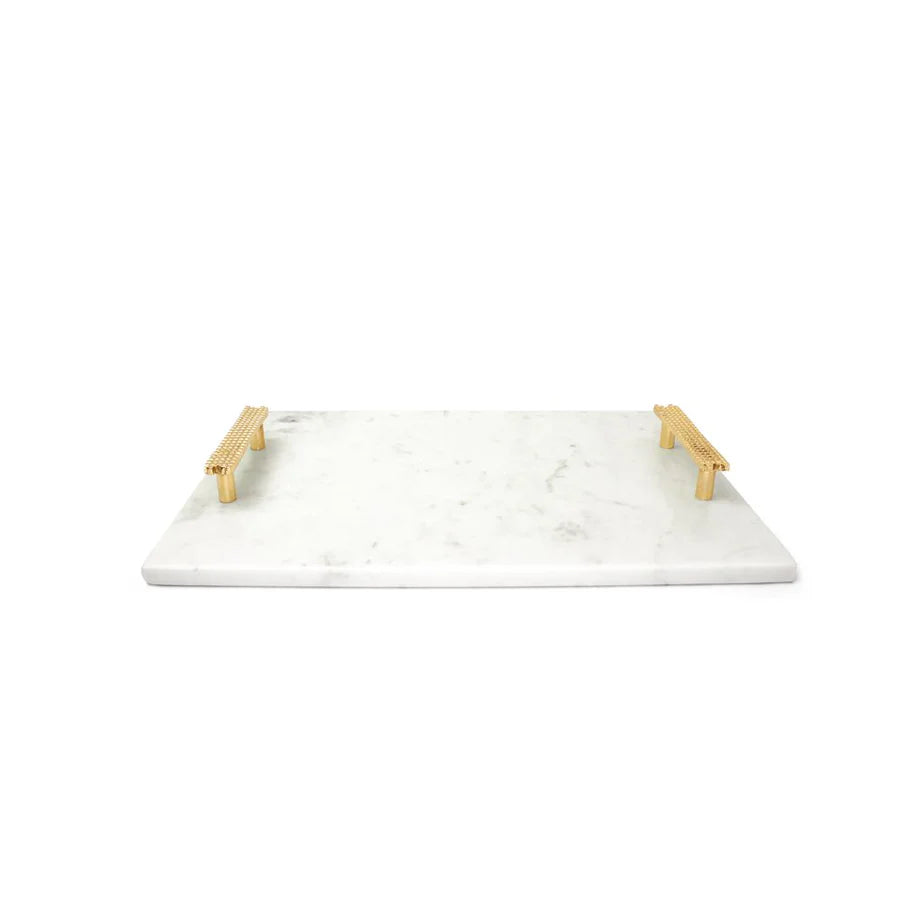 Marble Challah Board with Beaded Handles and Knife - gold