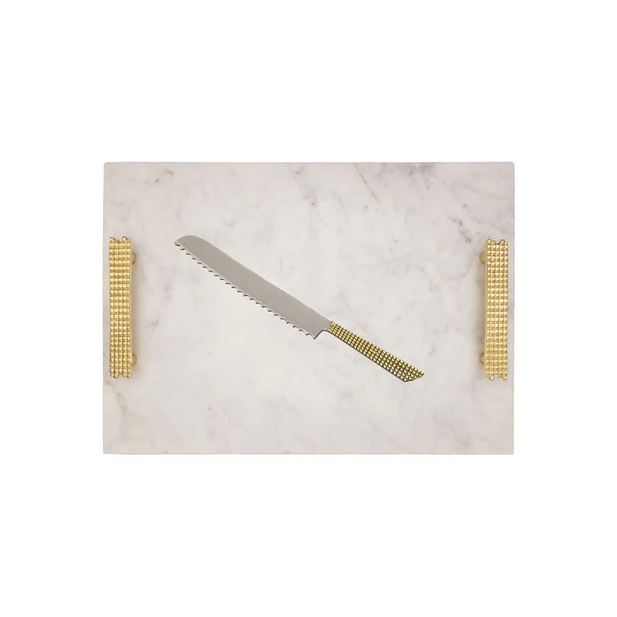 Marble Challah Board with Beaded Handles and Knife - gold