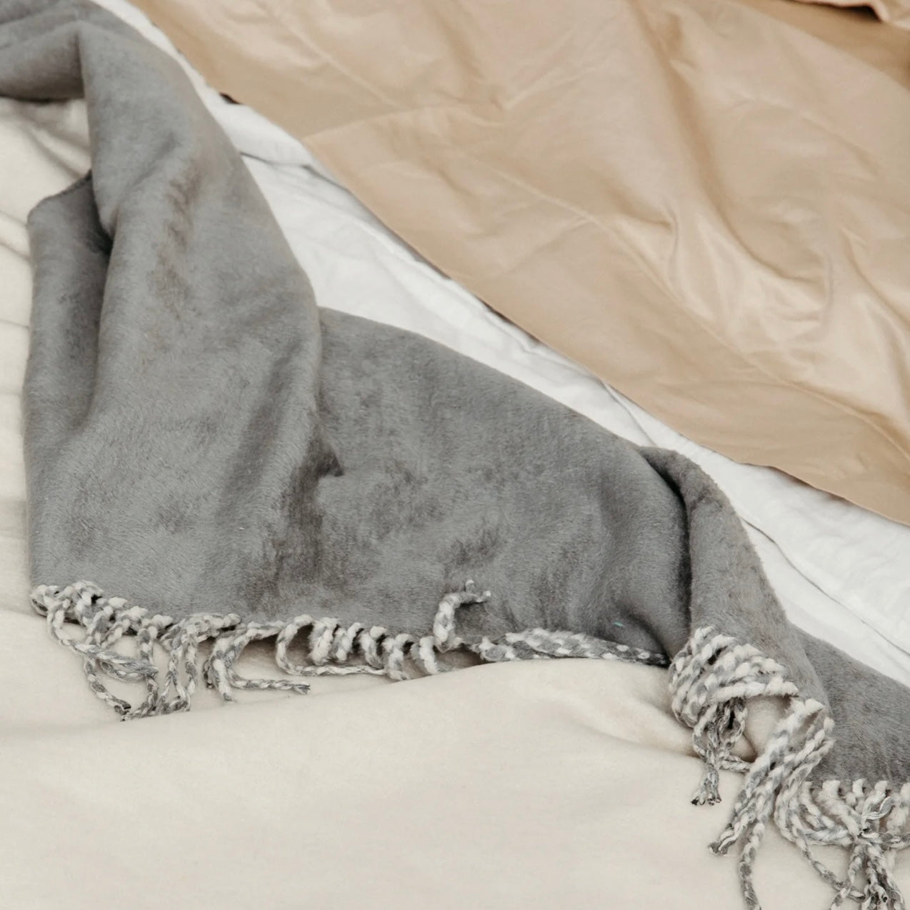 100% Silk Throw Blanket - ivory and grey mix