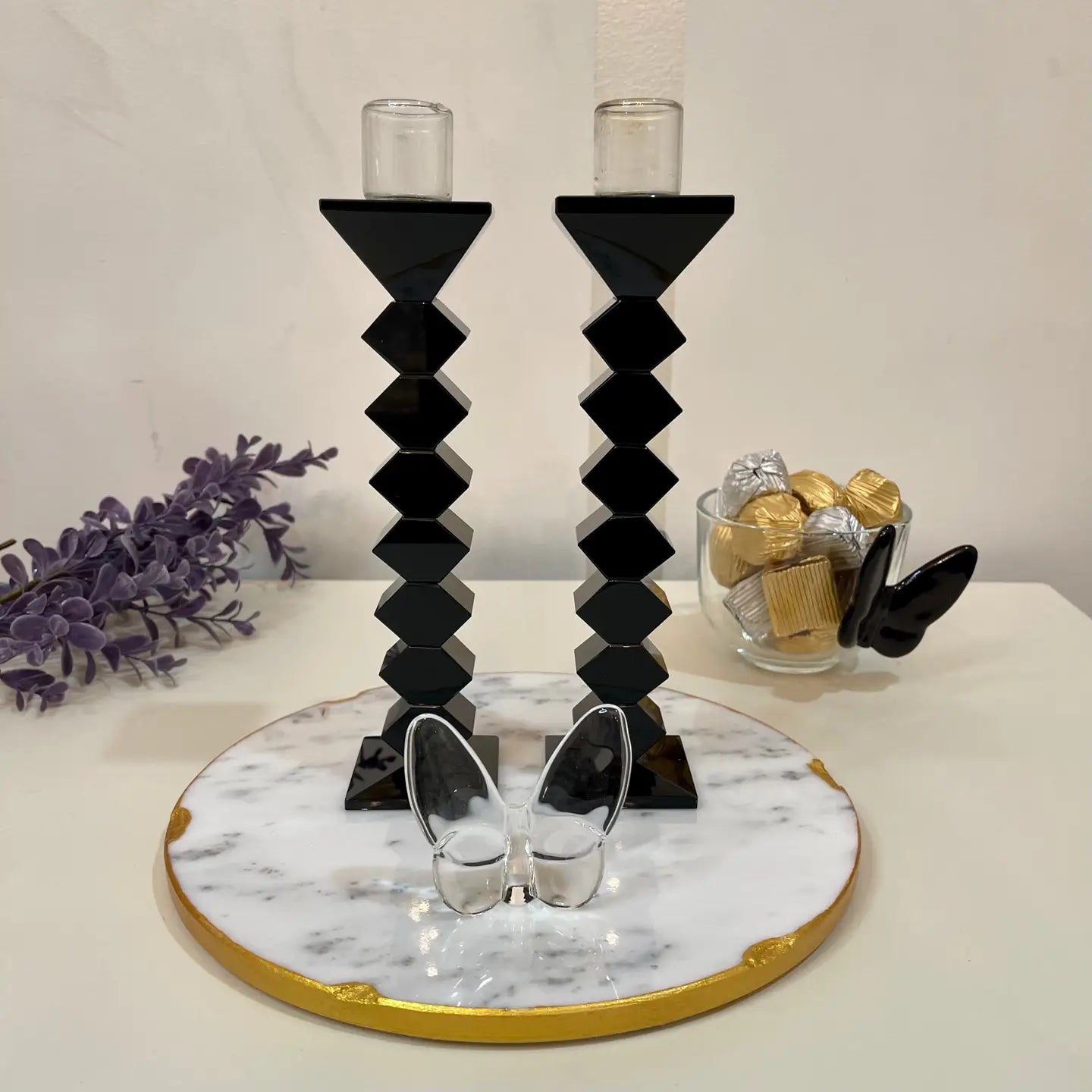 8.25” ZigZag Crystal Candlesticks - Set of 2 Black