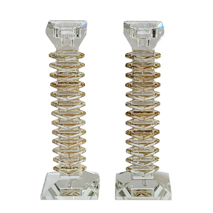 Stacked Crystal Candlesticks Set - Amber
