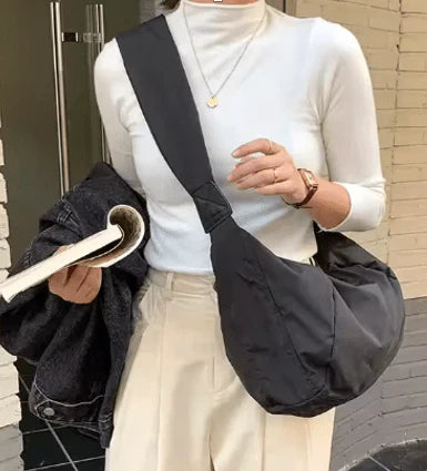 Crescent hobo nylon sling bag - black