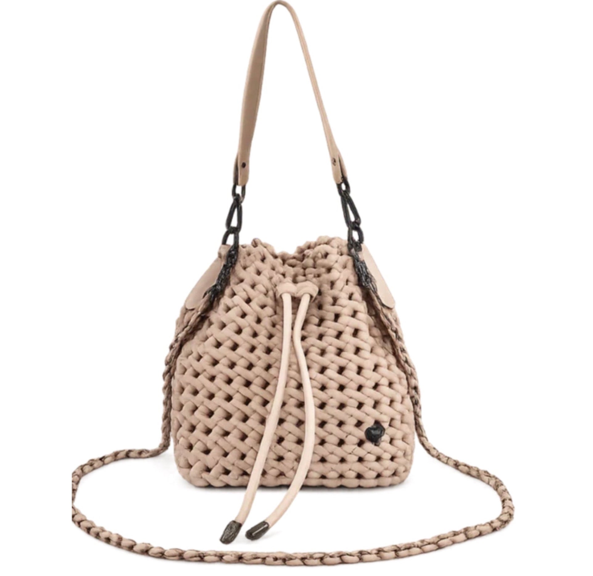 Woven Hand-Knotted Bucket Bag - dusty pink