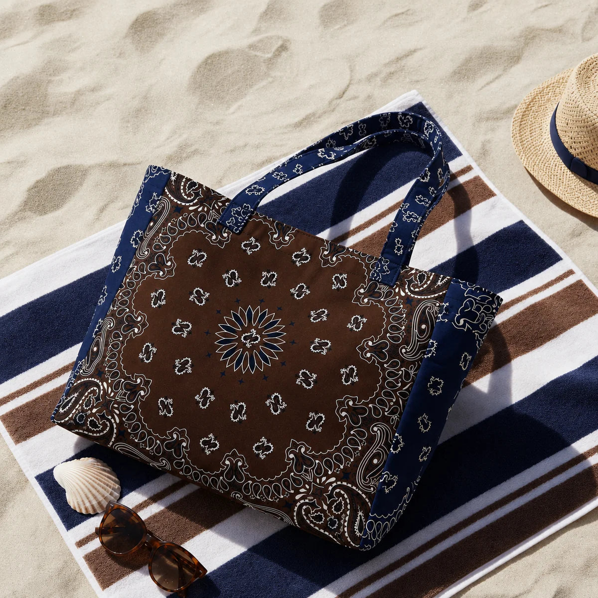 Large BANDANA TOTE - brown/navy