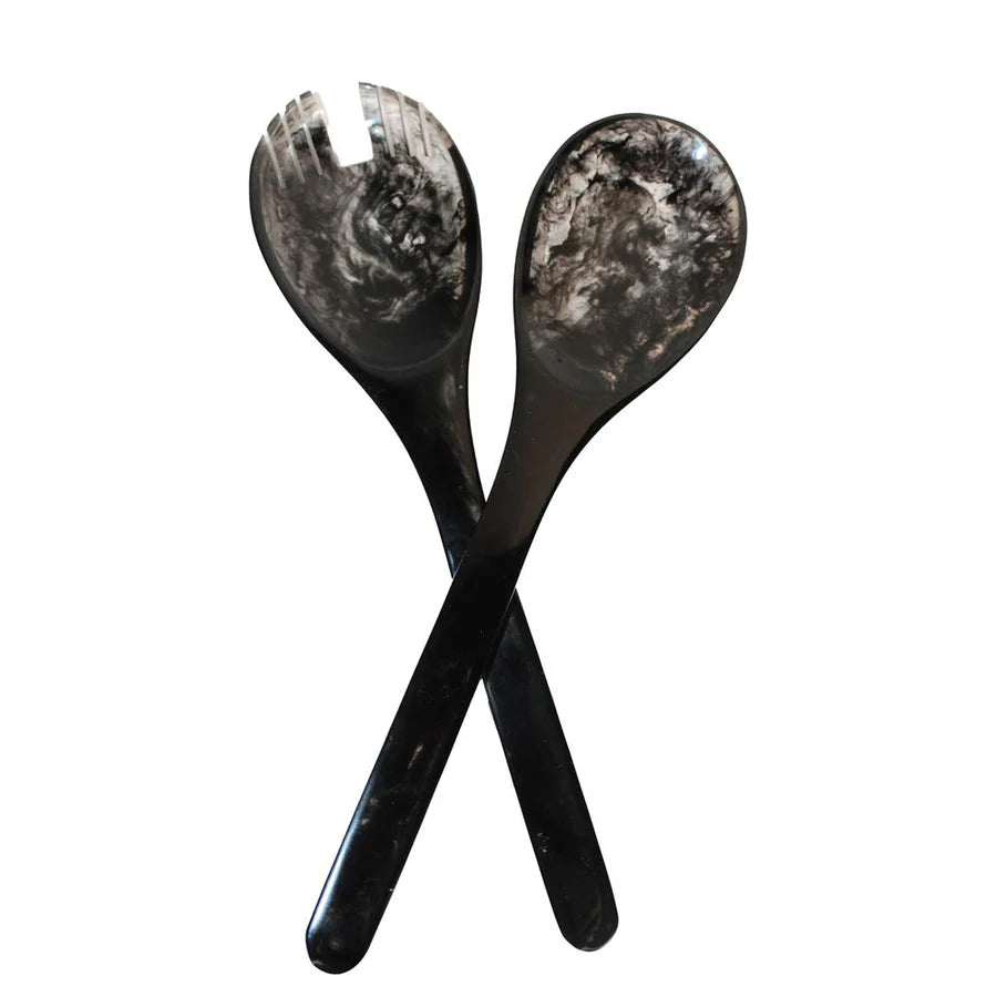 Resin black swirl salad bowl and servers set