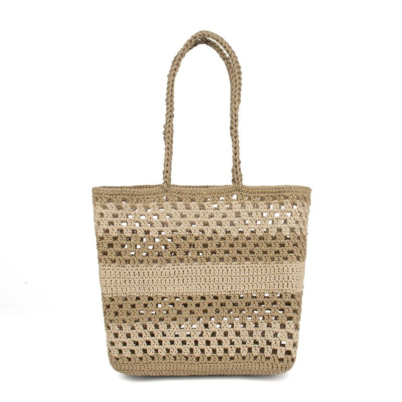 Crochet striped tote - khaki and sand