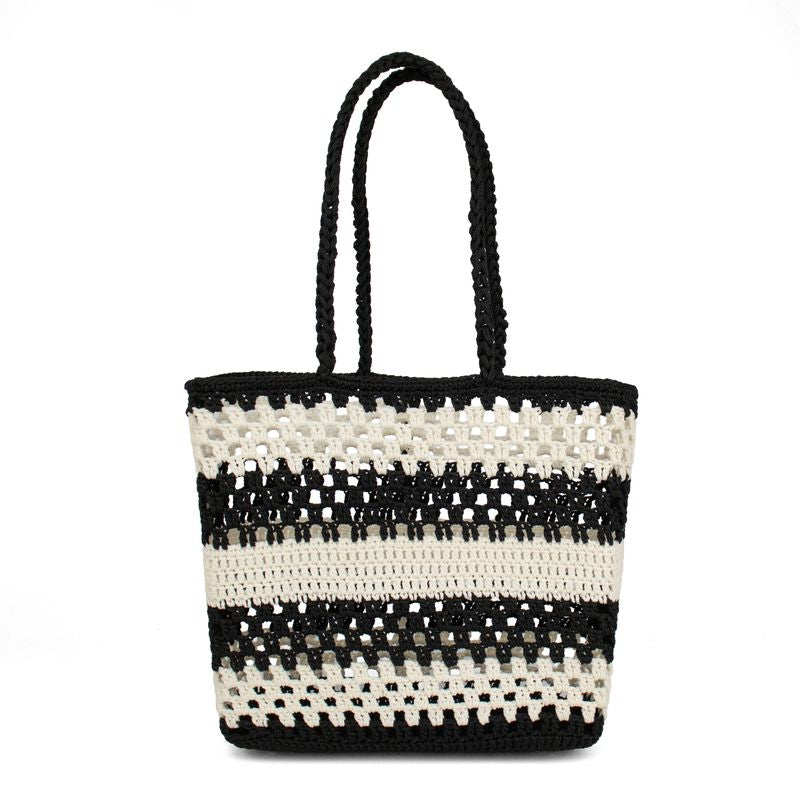 Crochet striped tote - black and cream