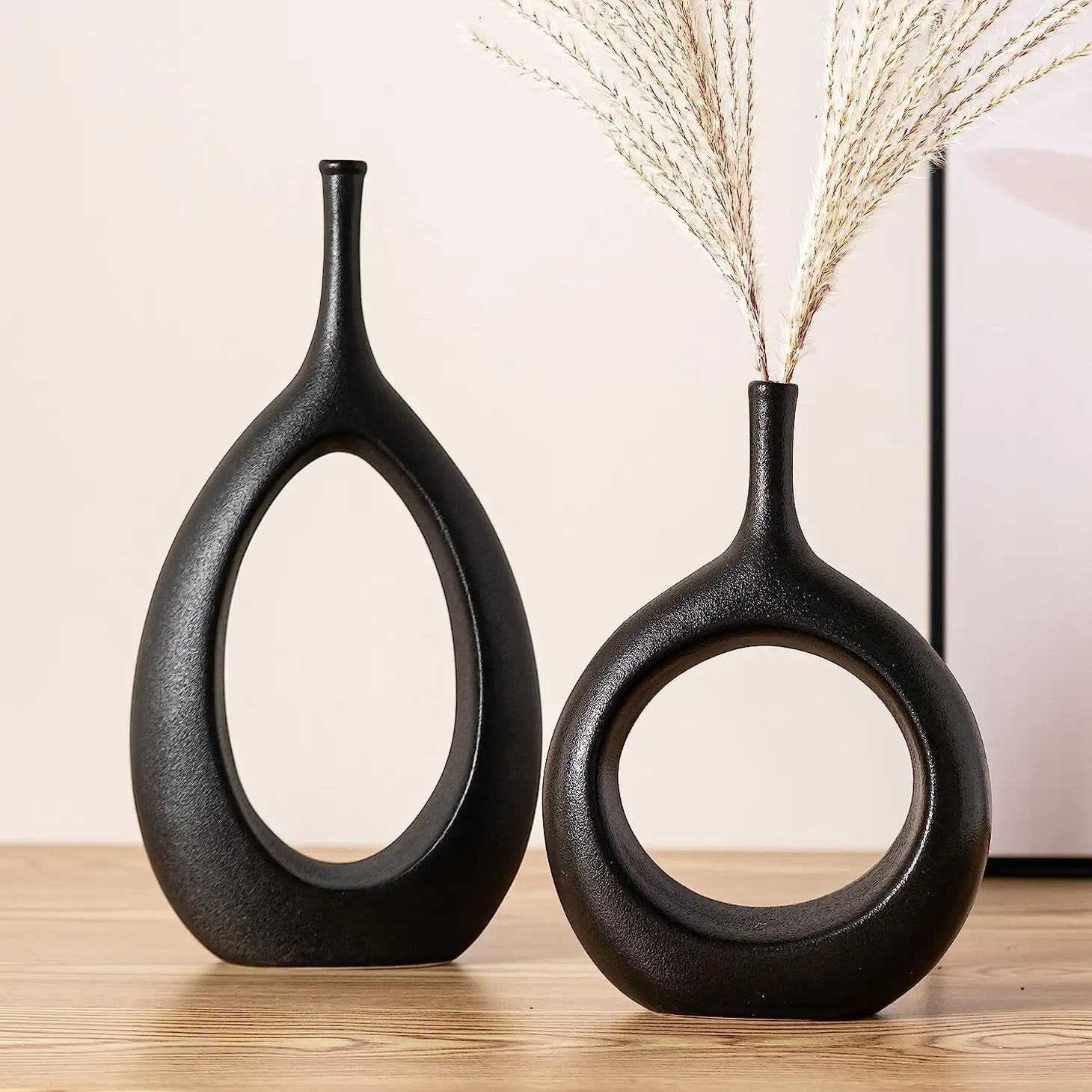 set of 2 Black modern Ceramic hollow Vases