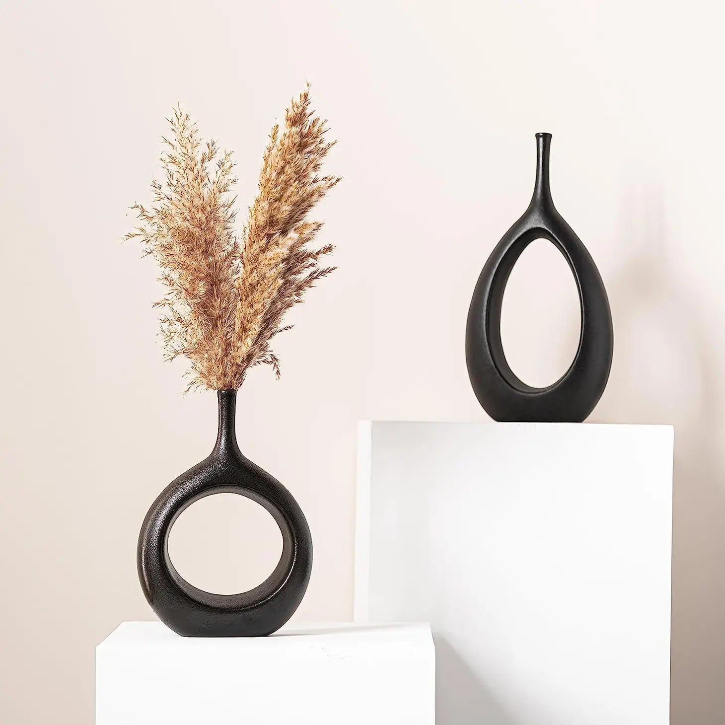 set of 2 Black modern Ceramic hollow Vases