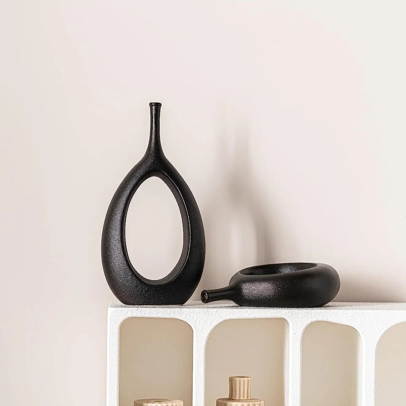 set of 2 Black modern Ceramic hollow Vases