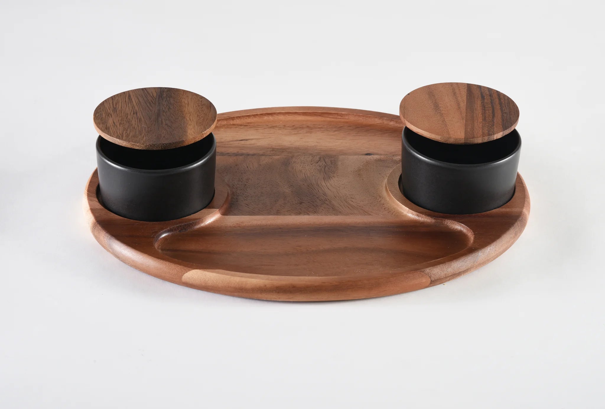 Charcuterie / Serving Tray w/ 2 Black Ceramic Bowls w/ Lids