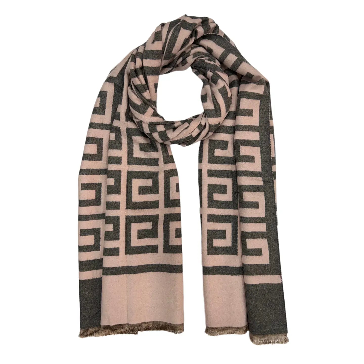 Big Maze Print Cashmere Blend Winter Scarf- Pink Grey