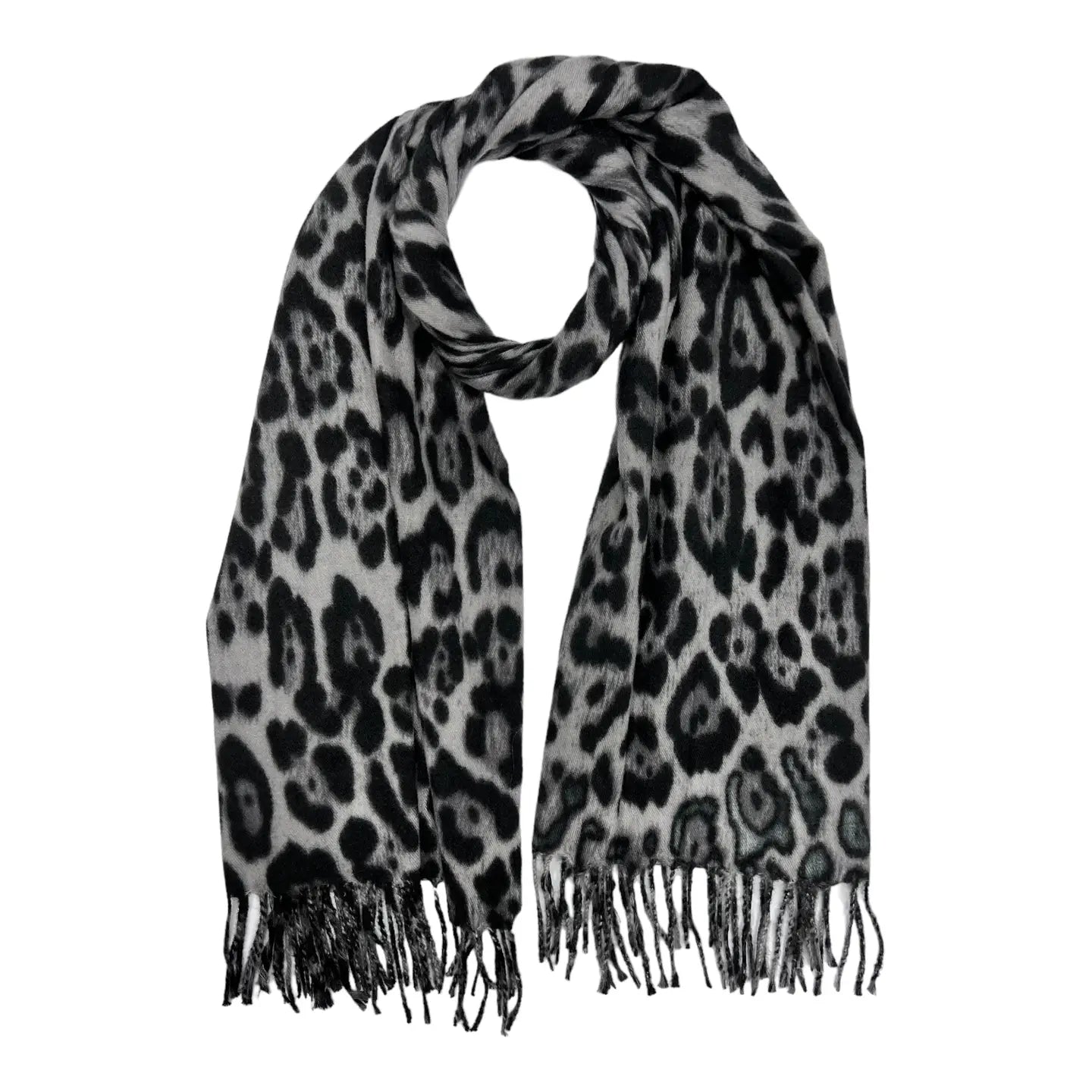 Classic Leopard Winter Scarf with Tassels On Each End- Black