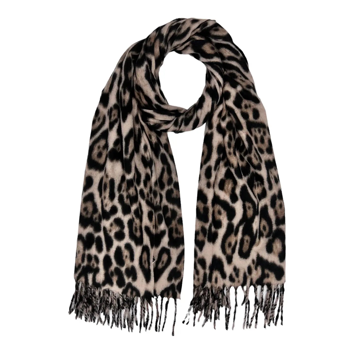 Classic Leopard Winter Scarf with Tassels On Each End- Taupe