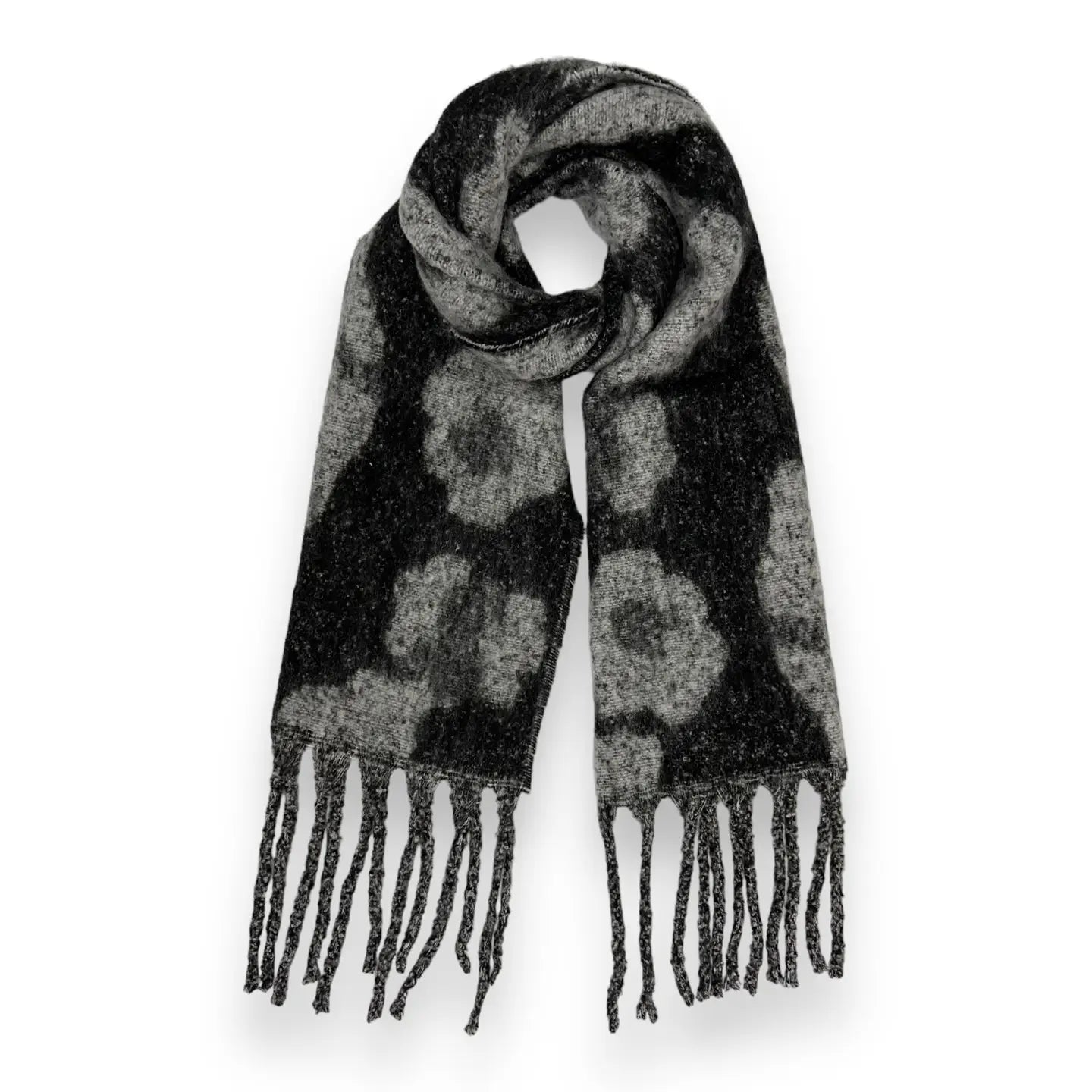 Fluffy Leopard Print Scarf Finished with Tassels- Black