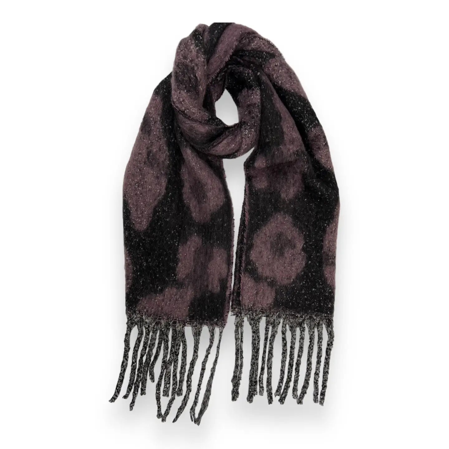 Fluffy Leopard Print Scarf Finished with Tassels- Black Purple