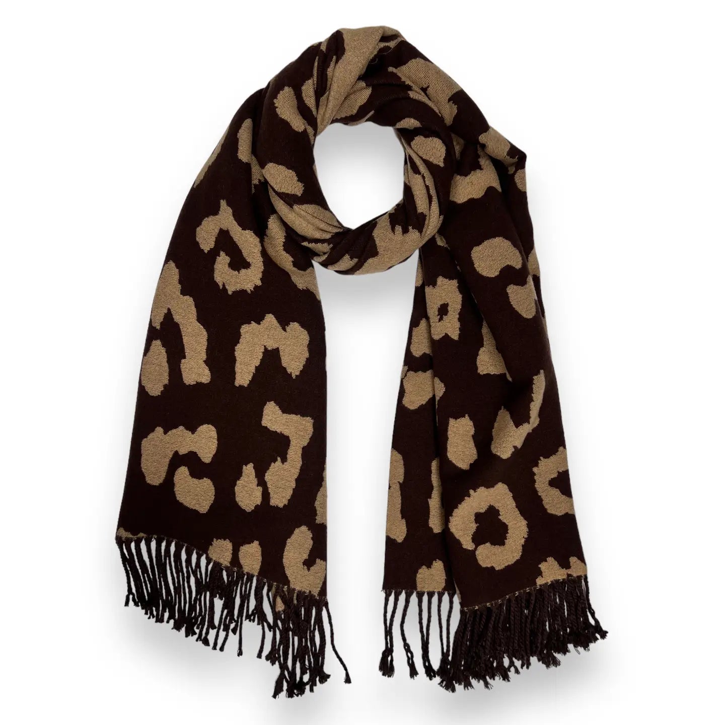 Leopard Print On Cashmere Blend Scarf Finished with Tassels- Brown