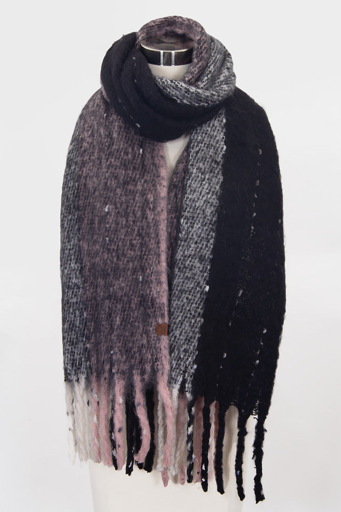 Vertical Multi Color Wide Stripe Woven Winter Scarf- Black