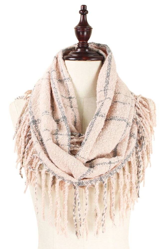 Two Tone Plaid Infinity with Fringe Scarf- Pink