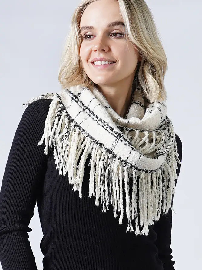 Two Tone Plaid Infinity with Fringe Scarf- Ivory