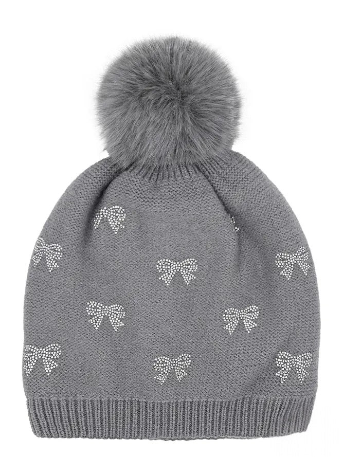 Allover Rhinestone Mini Bow Pom Beanie