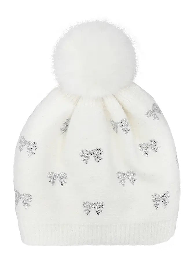 Allover Rhinestone Mini Bow Pom Beanie- Ivory