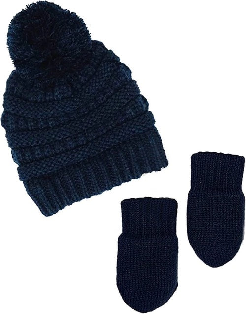 Infant Pom Beanie and Mittens Set - Navy