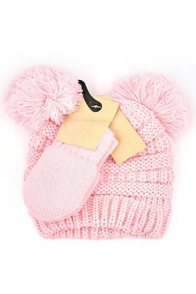 Baby Solid Ribbed Pom Beanie and Mitten Glove