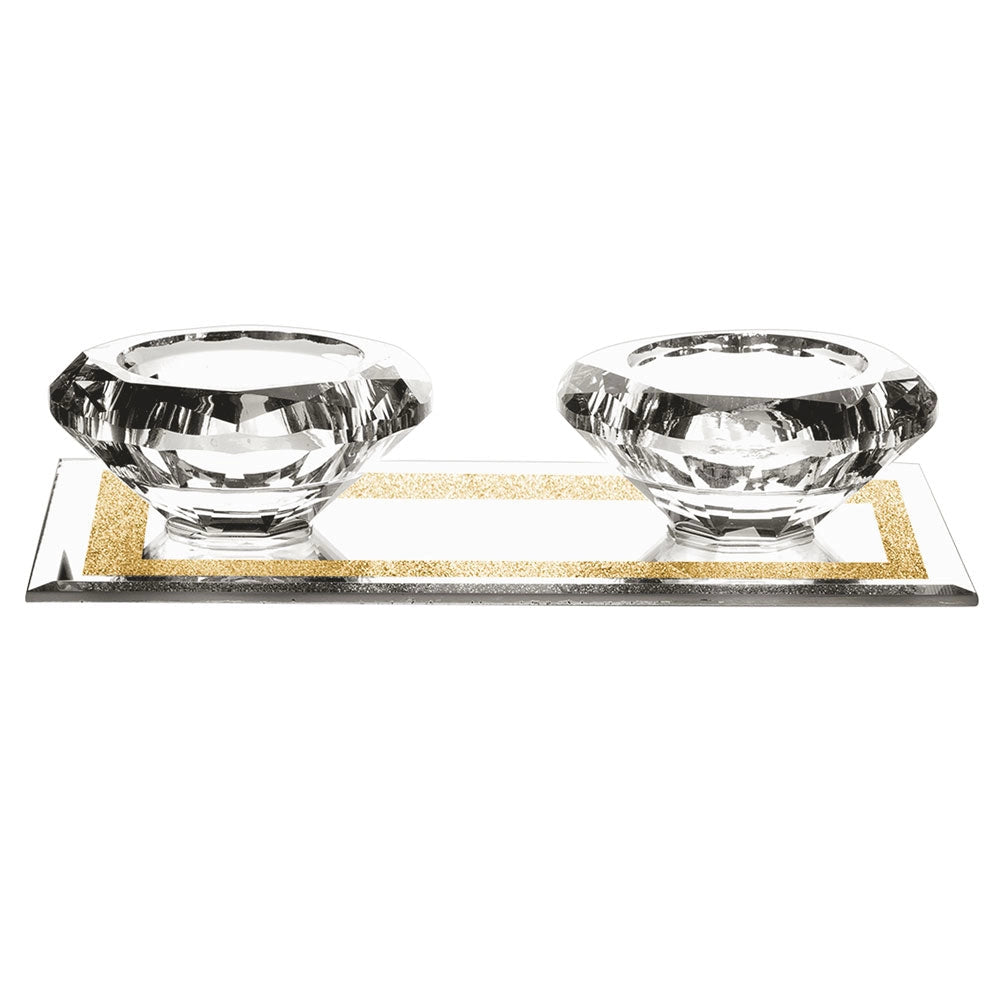 Crystal Tealights Holder with Tray - Gold